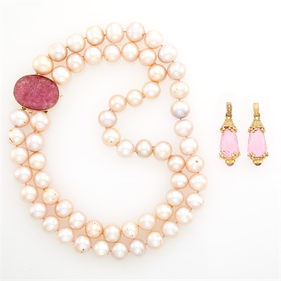 Lot 1081 - Double Strand Pink Freshwater Pearl Necklace with Gold and Carved Pink Tourmaline Clasp and Pair of Gold, Pink Quartz and Diamond Earrings