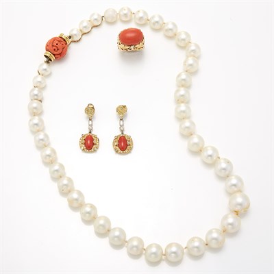 Lot 1416 - Long Freshwater and Imitation Pearl Necklace with Gold and Carved Coral Clasp, Coral Ring and Pair of Coral and Diamond Pendant-Earrings