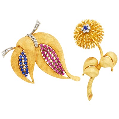 Lot 1474 - Two Gold, Sapphire, Ruby and Diamond Flower and Leaf Pins