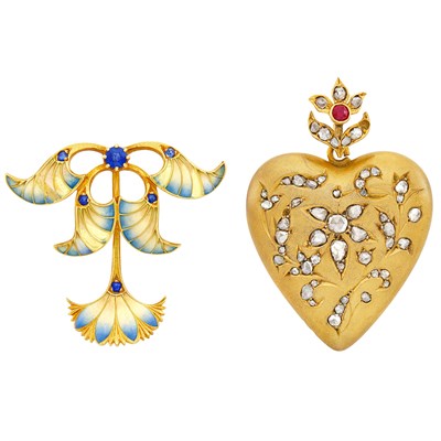 Lot 145 - Art Nouveau Gold, Sapphire and Enamel Lotus Flower Pendant-Brooch and Antique Gold, Diamond and Ruby Heart Pendant