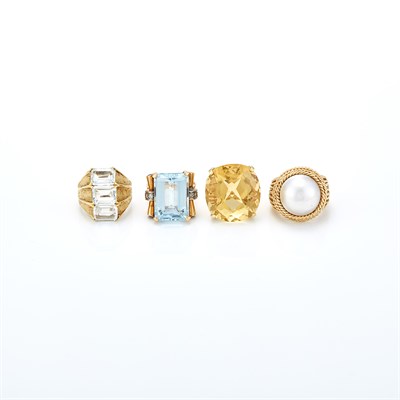 Lot 1484 - Four Gold, Gem-Set, Mabé Pearl and Diamond Rings