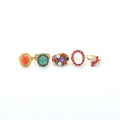 Lot 1482 - Five Gold, Simulated and Colored Stone and Diamond Rings