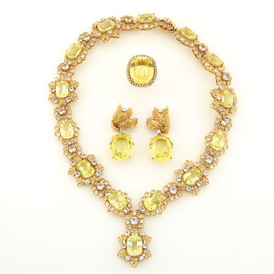 Lot 1328 - Gold, Synthetic Yellow Sapphire and Simulated Diamond Necklace, Ring and Pair of Pendant-Earrings