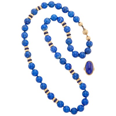 Lot 302 - Lapis Bead and Gold Necklace and Ring