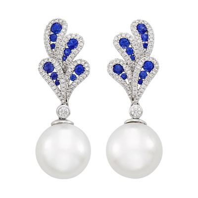 Lot 231 - Pair of White Gold, South Sea Cultured Pearl, Sapphire and Diamond Pendant-Earrings