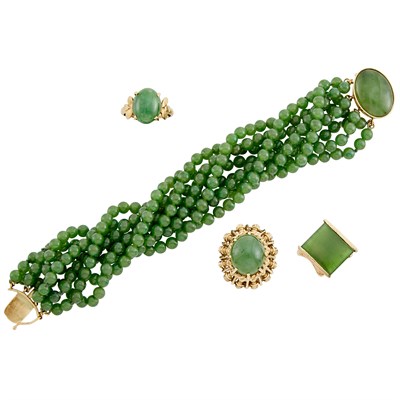 Lot 413 - Eight Strand Nephrite Bead Torsade Bracelet and Three Rings