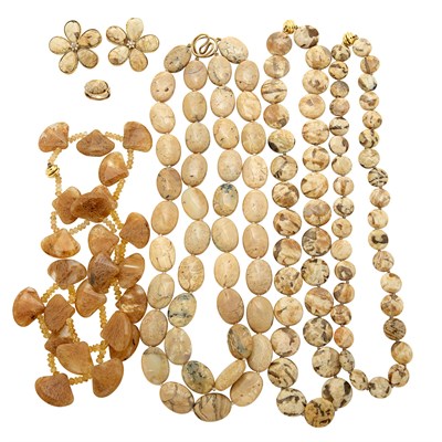 Lot 95 - Four Agate and Hardstone Bead Necklaces, Pair of Flower Earclips and Ring