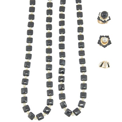 Lot 151 - Pair of Black Onyx Bead and Cultured Pearl Necklaces and Three Rings