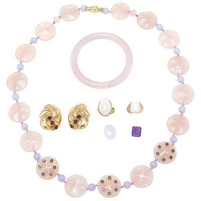Lot 250 - Rose Quartz and Dyed Bead, Gold, Amethyst and Diamond Necklace, Bangle Bracelet, Pair of Earclips and Two Rings