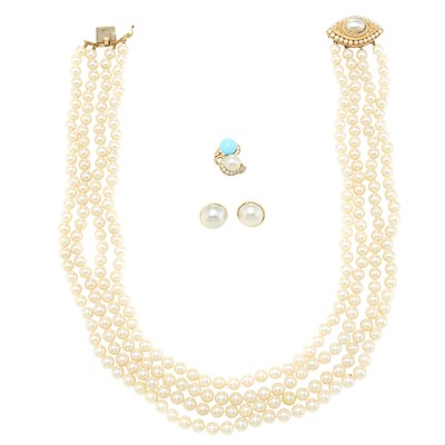Lot 430 - Four Strand Cultured Pearl Necklace, Pair of Mabé Pearl Earclips and Cultured Pearl, Turquoise and Diamond Ring