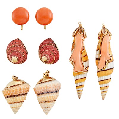 Lot 345 - Pair of Coral Button Earclips and Three Pairs of Shell Pendants