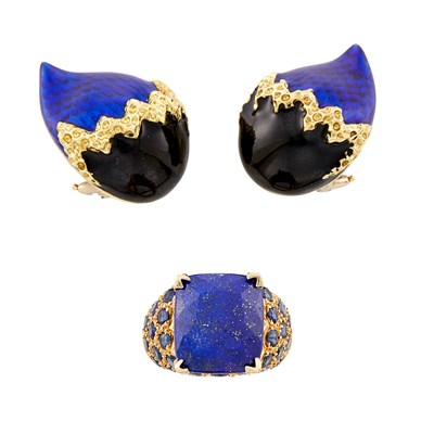 Lot 304 - Gold, Lapis and Sapphire Ring and Pair of Gold and Black and Blue Enamel Earclips