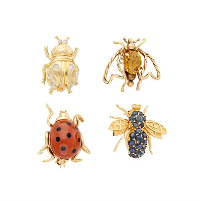 Lot 352 - Four Gold, Jasper, Gem-Set and Diamond Insect Brooches