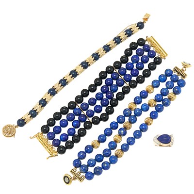 Lot 295 - Three Lapis Bead Bracelets and Ring