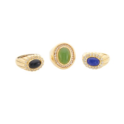 Lot 234 - Three Gold, Lapis, Black Onyx, Nephrite and Diamond Rings