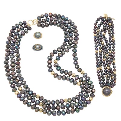 Lot 90 - Multistrand Black Freshwater Pearl Necklace, Bracelet and Two Rings