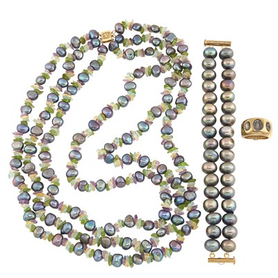 Lot 88 - Multistrand Black Freshwater Pearl and Tumbled Colored Stone Bead Necklace, Bracelet and Gold and Quartz Gypsy Ring