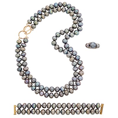 Lot 275 - Double Strand Black Freshwater Pearl Necklace, Bracelet and White Gold, Black Freshwater Pearl and Diamond Ring