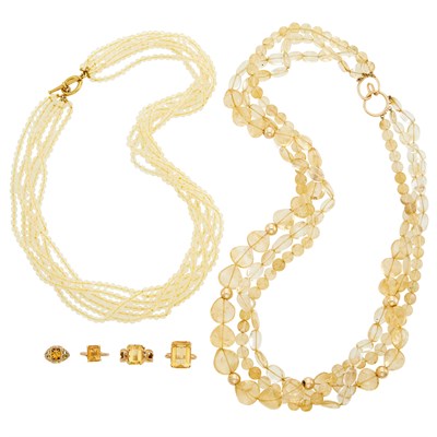 Lot 387 - Two Multistrand Citrine and Glass Bead Torsade Necklaces and Four Gold and Citrine Rings