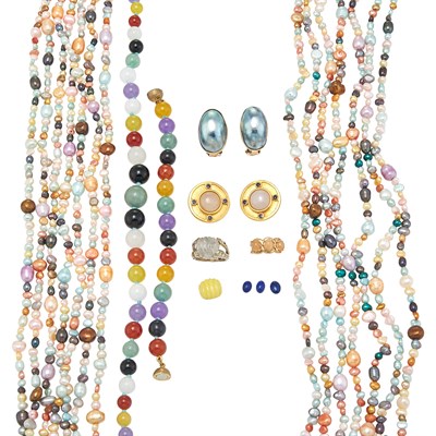 Lot 337 - Two Dyed Freshwater Pearl Necklaces, Agate Bead Necklace and Bracelet, Two Pairs of Earclips and Two Rings