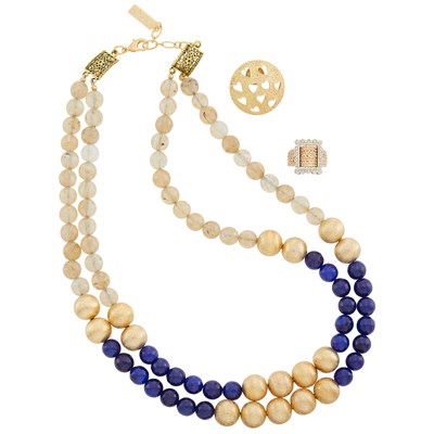 Lot 230 - Lapis, Rutilated Quartz Bead and Gilt-Metal Necklace, Gold Brooch and Ring