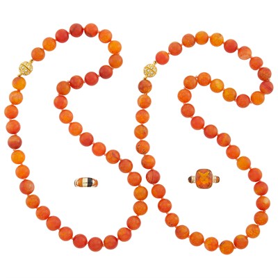 Lot 321 - Pair of Dyed Stone Bead Necklaces with Metal Clasps and Two Gold, Orange Glass, Cabochon Citrine and Enamel Rings