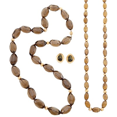 Lot 396 - Two Smoky Quartz and Gold Bead Necklaces and Pair of Low Karat Gold  and Tiger's Eye Earclips