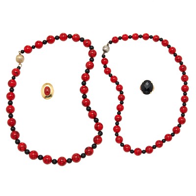 Lot 140 - Two Red Stone and Black Onyx Bead Necklaces and Two Gold, Coral and Black Onyx Rings
