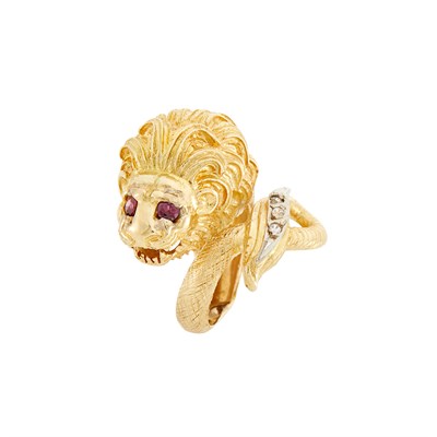 Lot 48 - Gold, Ruby and Simulated Diamond Lion Ring