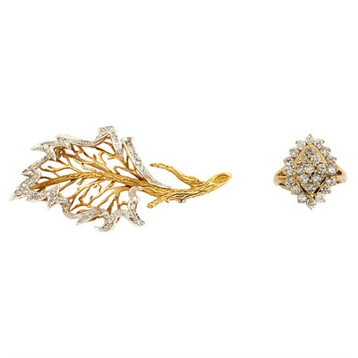 Lot 241 - Two-Color Gold and Diamond Leaf Brooch and Diamond Ring