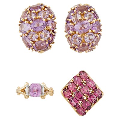 Lot 268 - Pair of Gold and Amethyst Bombé Earclips and Two Colored and Synthetic Stone Rings