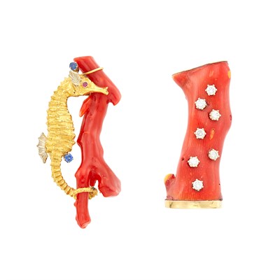 Lot 367 - Two Gold, Branch Coral and Diamond Brooches