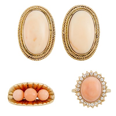 Lot 359 - Pair of Gold and Angel Skin Coral Earclips and Two Coral and Diamond Rings