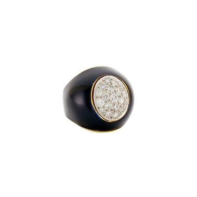 Lot 49 - Two-Color Gold, Diamond and Black Enamel Ring
