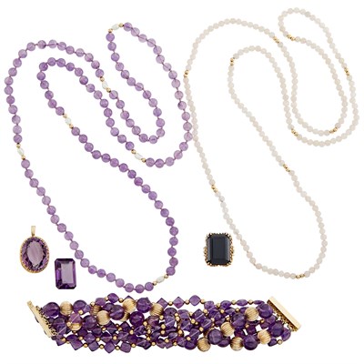Lot 245 - Group of Amethyst, Rose Quartz, Freshwater Pearl and Gold Jewelry and Unmounted Amethyst