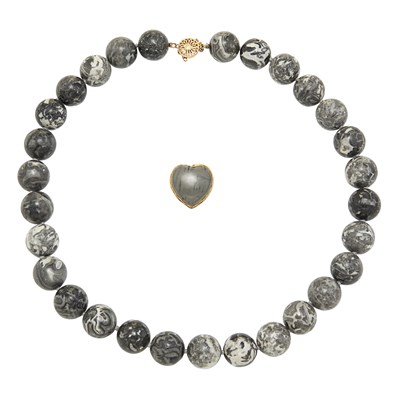 Lot 80 - Grey Hardstone Bead Necklace and Heart Ring