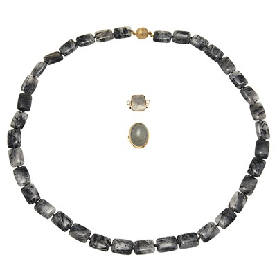 Lot 65 - Tourmalinated Quartz Bead Necklace and Two Gold, Hardstone, Quartz and  Diamond Rings