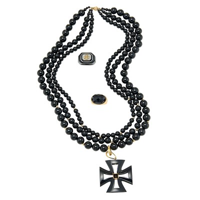 Lot 128 - Multistrand Black Onyx Bead Necklace with Maltese Cross Enhancer and Two Gold and Black Onyx Rings