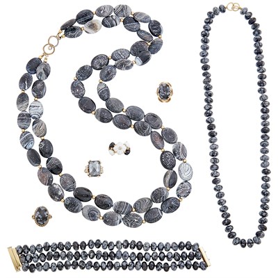 Lot 71 - Two Double Strand Hardstone, Snowflake Agate, Black and White Onyx and Hematite Bead Necklaces, Bracelet and Four Rings