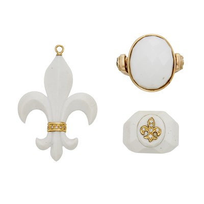 Lot 222 - Carved White Agate Fleur-de-Lys, Gold and Diamond Pendant and Two Rings