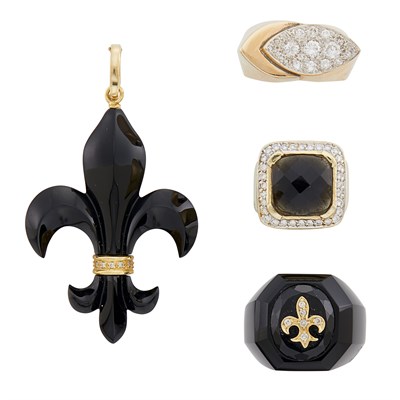 Lot 147 - Carved Black Onyx, Gold and Diamond Fleur-de-Lys Pendant and Three Rings
