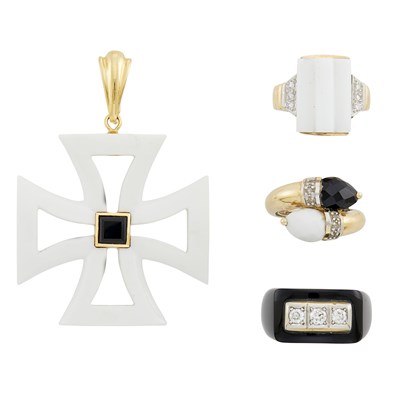 Lot 45 - Carved White Agate, Gold and Black Onyx Maltese Cross Pendant and Three Rings