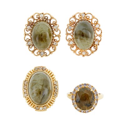 Lot 409 - Pair of Gold, Green Hardstone and Diamond Earclips and Two Rings