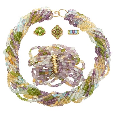 Lot 402 - Multistrand Multicolored Stone Bead Torsade Necklace and Bracelet and Three Rings