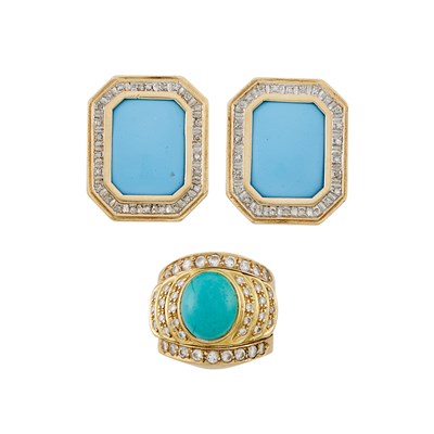 Lot 372 - Gold, Turquoise and Diamond Ring and Pair of Earclips with Interchangeable Stones