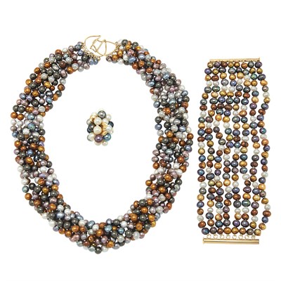 Lot 253 - Multicolored Freshwater Pearl Necklace, Bracelet and Ring