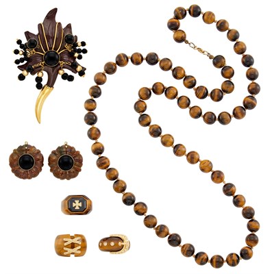 Lot 89 - Tiger's Eye Bead Necklace and Three Rings, Gold, Carved Hardstone and Black Onyx Bead Flower Brooch and Two Charms
