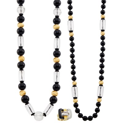 Lot 327 - Two Black Onyx and Rock Crystal Bead Necklaces and Carved Black Onyx and Frosted Rock Crystal and Diamond Ring