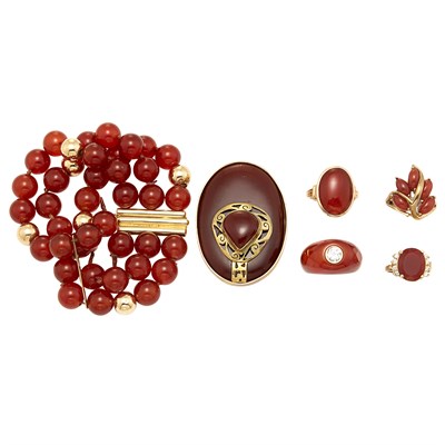 Lot 346 - Group of Gold, Low Karat Gold, Carnelian, Diamond and Simulated Diamond Jewelry
