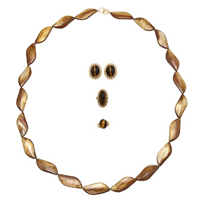 Lot 104 - Tumbled Mother-of-Pearl Bead Necklace, Pair of Tiger's Eye Earclips and Two Rings